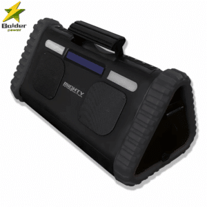 The 500w 31000mAh Portable Power Station features rugged, rubberized sides, LCD display, carrying handle, outdoor lighting, two front-facing speakers, built-in powerbank for laptops and devices, plus the “Bolder power” logo.