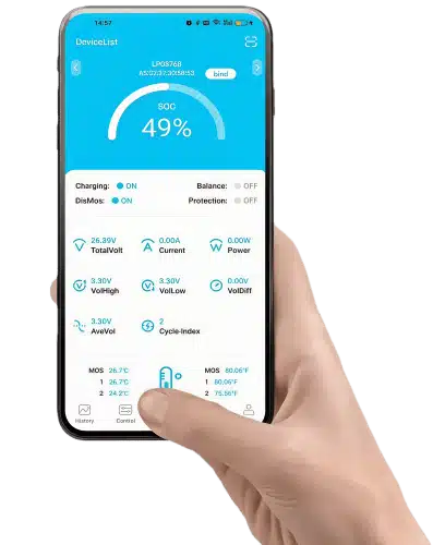 Smart battery monitoring mobile app showing real-time LiFePO4 battery status