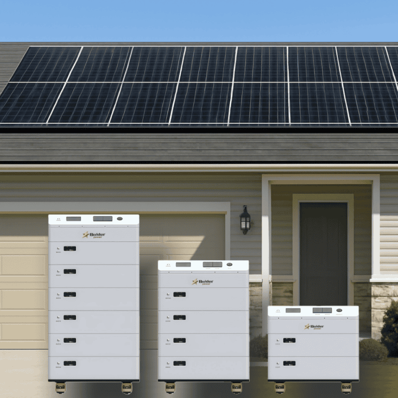 Balder’s All-In-One ESS battery units placed outside a house with solar panels on the roof.