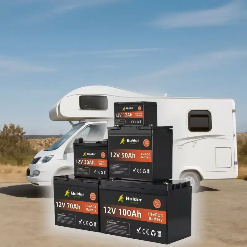 A collection of 12V LiFePO4 batteries (12Ah, 30Ah, 50Ah, 70Ah, 100Ah) displayed alongside a white motorhome.