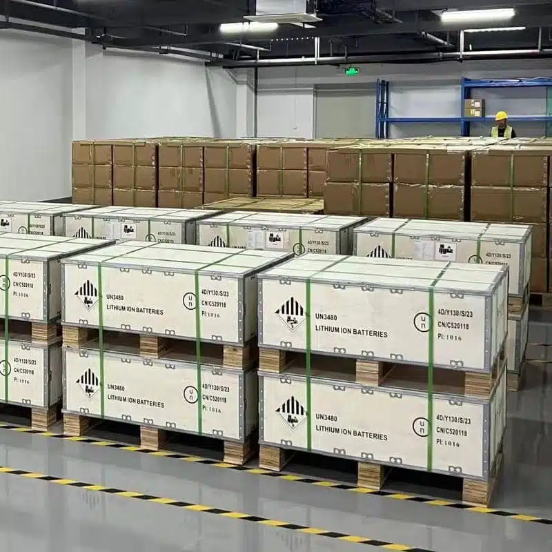 Professionally packaged lithium-ion batteries in storage.