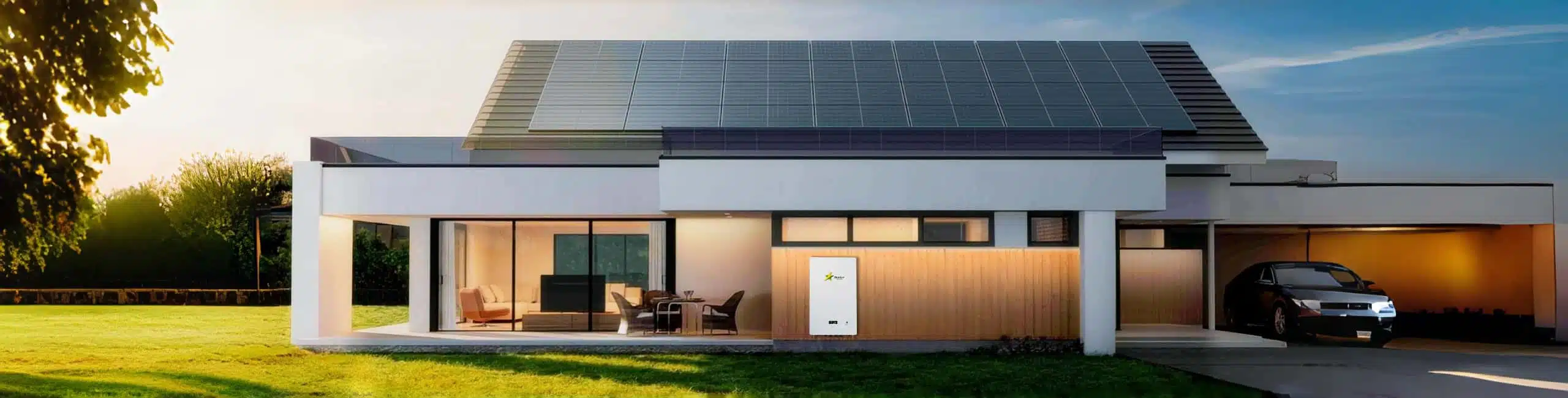 Modern house with rooftop solar panels and outdoor LiFePO4 energy storage system