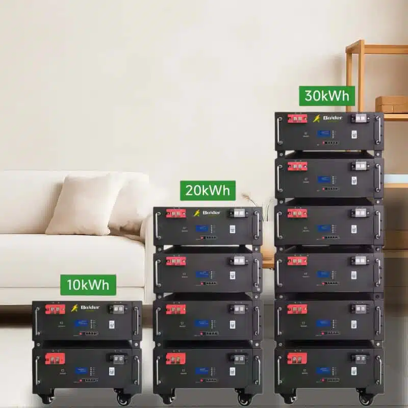 Displays a LiFePO4 energy storage system with different capacities (10kWh, 20kWh, 30kWh), suitable for residential and commercial energy storage applications.