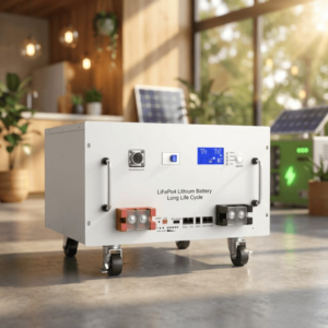 堅牢な構造と取り付け耳がわかる 15kWh LiFePO4 バッテリーの斜め図。.