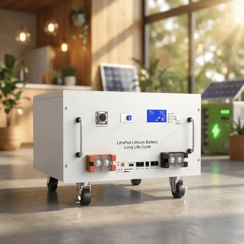 堅牢な構造と取り付け耳がわかる 15kWh LiFePO4 バッテリーの斜め図。.