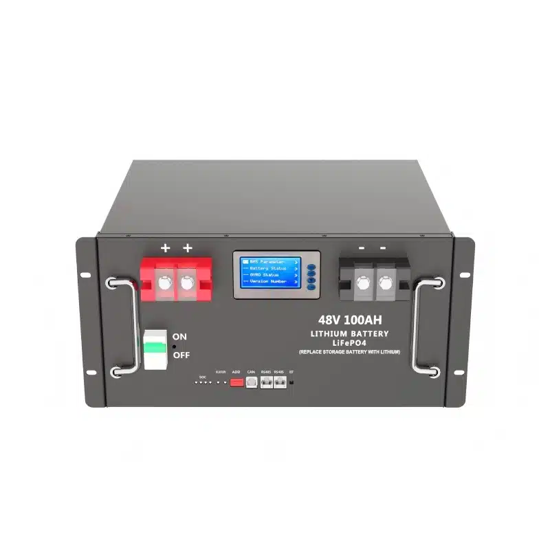 Balder Power 48V (51.2V) 100Ah LiFePO4バッテリーの正面図。太陽光発電システムにおける鉛蓄電池の代替として最適です。.