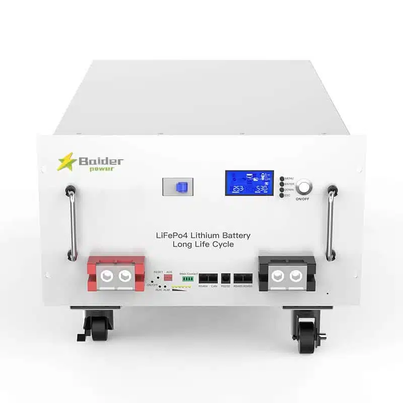 51.2V 280Ah バッテリーモジュールのフロントパネルにある Balder Power のロゴと LiFePO4 ラベルのクローズアップ