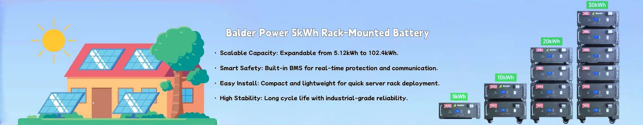 Balder Powerのスケーラブルなサーバーラックバッテリーシステムのバナー。5kWh、10kWh、30kWhのスタックモジュールが示されています。テキストでは、最大102.4kWhまで拡張可能な容量、スマートBMSの安全性、簡単な設置、高い安定性といった特長が強調されています。.