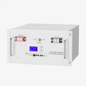 Balder Power 51.2V 200Ah バッテリーの LCD 画面と仕様ラベルのクローズアップ。10.24kWh の容量が明確に表示されています。.