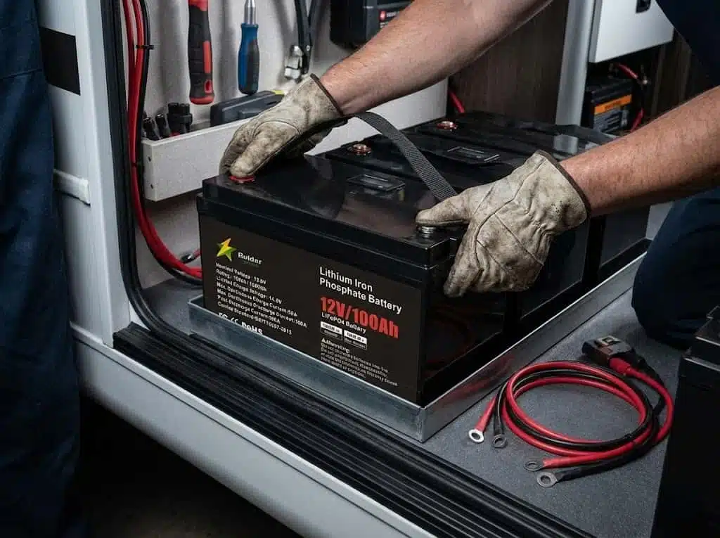 Manos de mecánico instalando una batería Balder Power 12V 100Ah LiFePO4 en una bandeja de batería de RV estándar, mostrando el diseño de reemplazo directo perfecto.