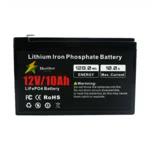 Close-up view of Balder Power 12V 10Ah LiFePO4 battery front label clearly displaying 128.0Wh energy rating and 10.0A max current.