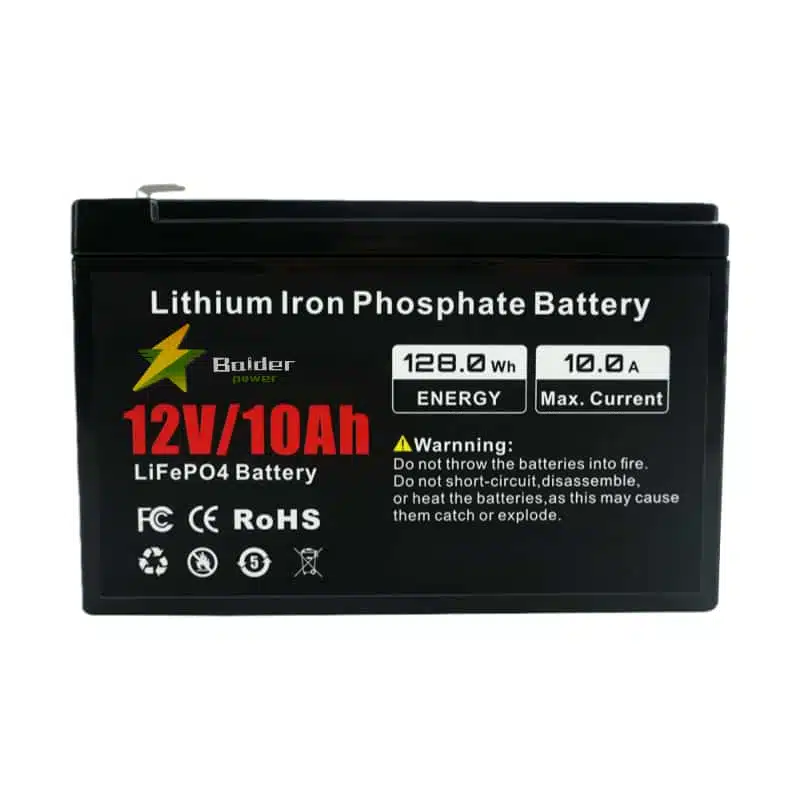 Vista de cerca de la etiqueta frontal de la batería Balder Power 12V 10Ah LiFePO4 que muestra claramente una clasificación energética de 128,0 Wh y una corriente máxima de 10,0 A.