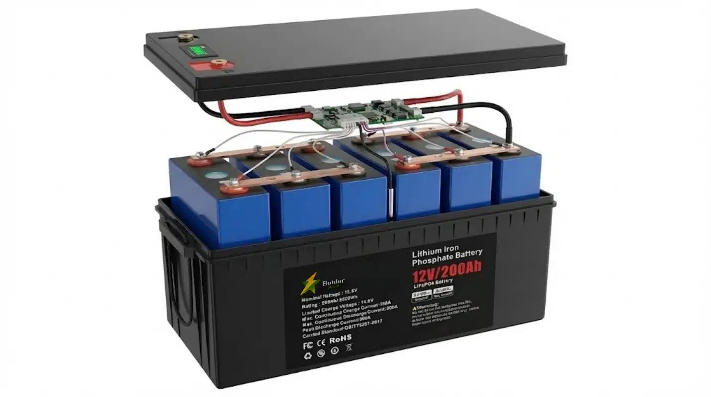 Estructura interna de la batería Balder Power 12V 200Ah LiFePO4 que muestra celdas prismáticas y BMS inteligente para reemplazo de plomo-ácido.