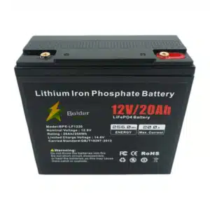 Front view of Balder Power 12V 20Ah LiFePO4 battery showing M5 screw terminals and 256Wh capacity label.