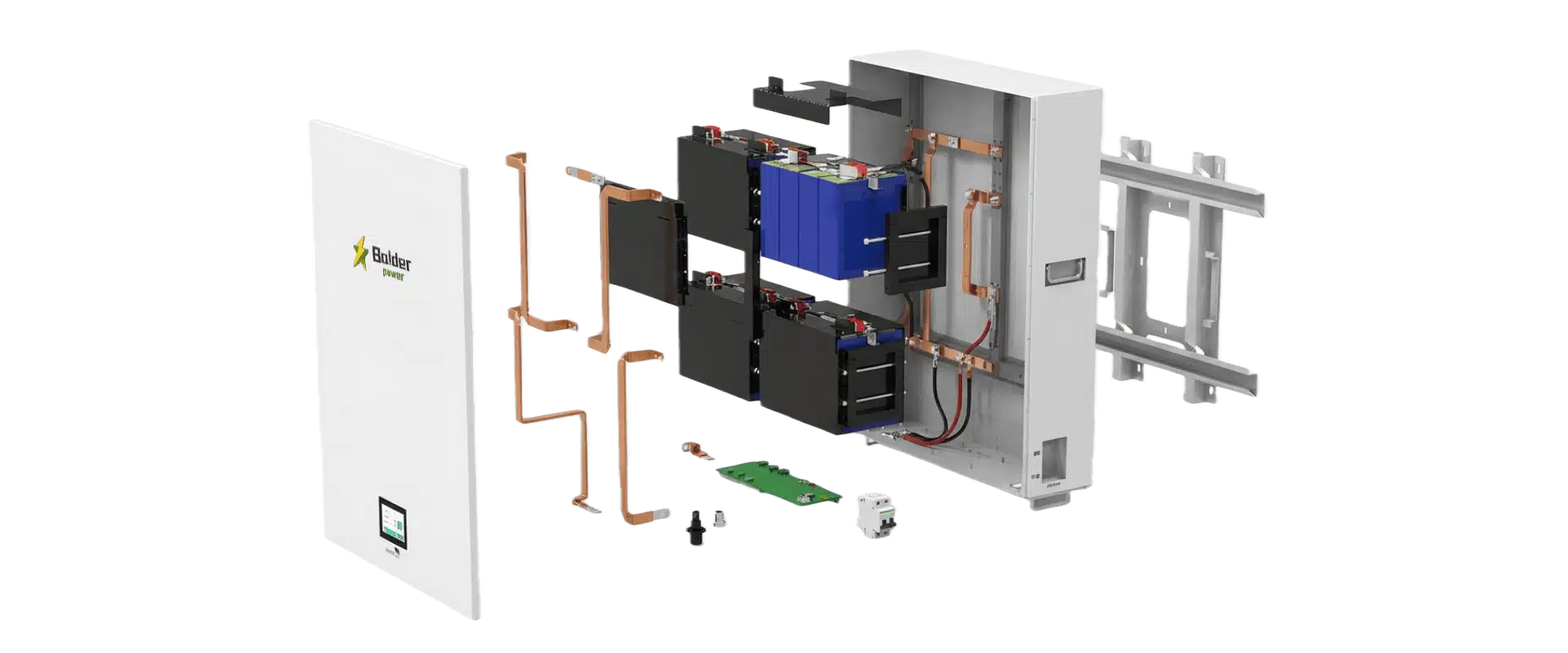 Схема разборки настенной литий-железо-фосфатной батареи Balder Power 48 В, демонстрирующая элементы автомобильного класса, интеллектуальную систему управления батареей (BMS), медные шины и автоматический выключатель постоянного тока на 200 А.