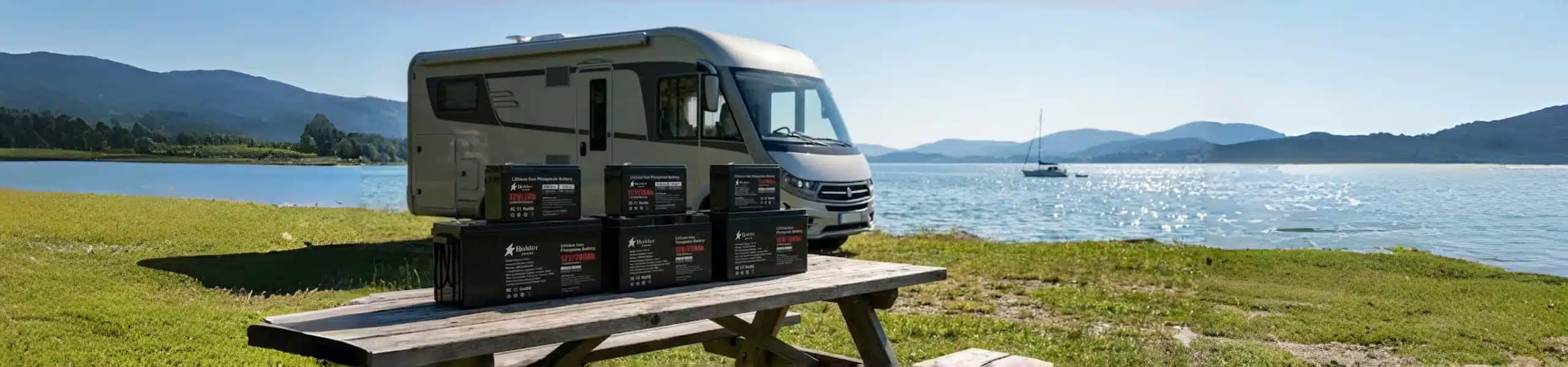Una línea de baterías de reemplazo de ciclo profundo de plomo-ácido de 12 V de Balder Power exhibidas en una mesa de picnic de madera en un campamento junto al lago, con un RV de lujo y un velero al fondo.