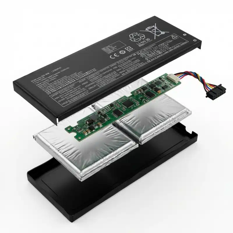 Vista esplosa della batteria per giochi portatili con celle, scheda di protezione PCM e connettore