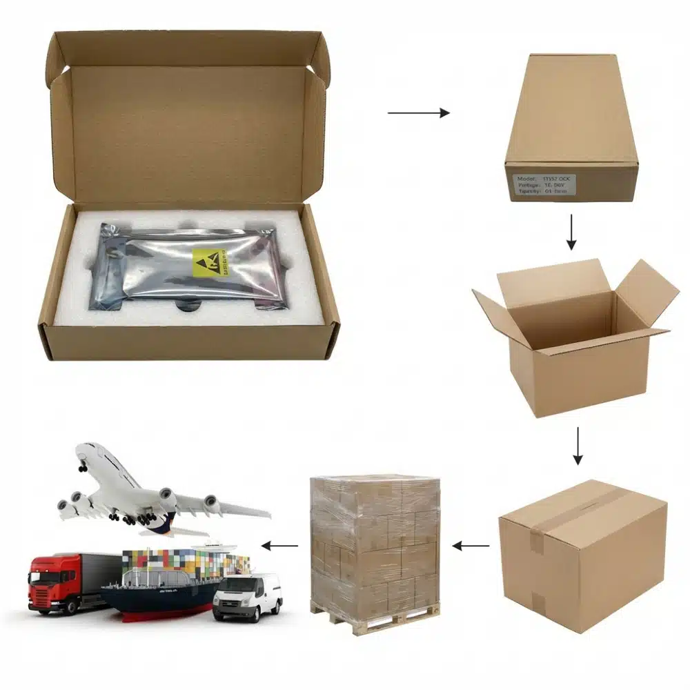 Packaging and shipping process for lithium replacement batteries: anti-static bag with foam protection, carton sealing, pallet wrapping, and air/sea/ground transport
