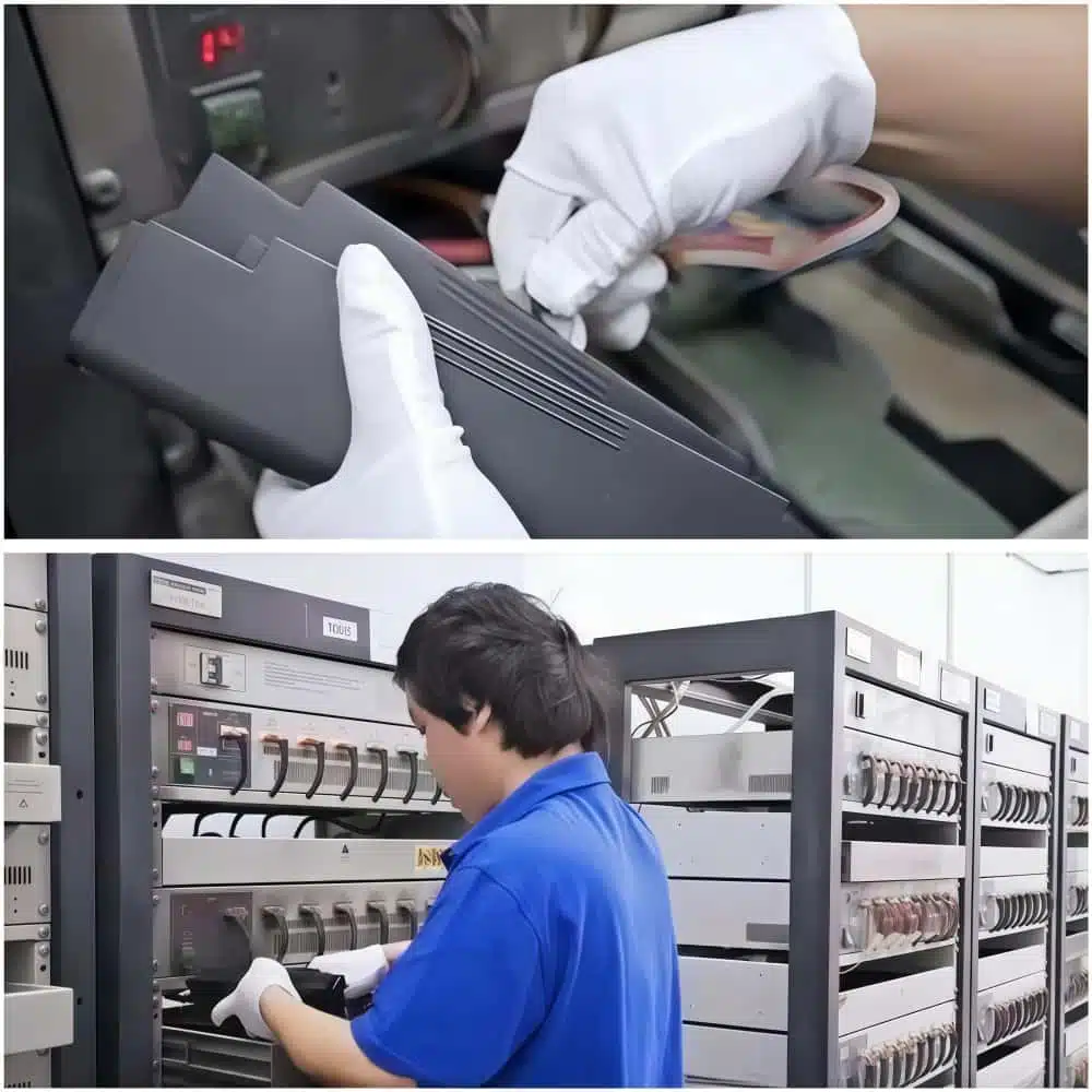 Een fabriekstechnicus van Balder Power voert strenge 72-uur durende verouderingstests uit op laptopaccu's voor groothandel met behulp van grootschalige industriële testrekken om de kwaliteitscontrole vóór verzending te waarborgen.